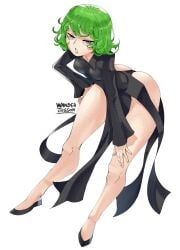 absurdres artist_name ass bare_legs bent_over black_dress black_shoes breasts curly_hair dress female flipped_hair full_body green_eyes green_hair half-closed_eyes hand_on_own_hip hand_on_own_knee hand_on_own_leg highres long_sleeves looking_at_viewer one-punch_man parted_lips pear_shaped_figure pelvic_curtain shoes short_hair simple_background small_breasts solo tatsumaki thighs twitter_username wanderjegson white_background