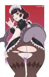 1girls \\\\m/ ass black_hair ellen_joe female female_only hi_res jollysart looking_at_viewer looking_back looking_back_at_viewer maid maid_headdress maid_uniform mihoyo orange_eyes panties pantyhose rear_view red_highlights shark_girl shark_tail smiling smiling_at_viewer solo tail thick_ass thick_thighs torn_pantyhose zenless_zone_zero