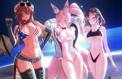 3girls american_flag_bikini aviator_sunglasses beach big_breasts bikini blue_hair boots braid braided_twintails breasts breasts child_bearing_hips cleavage collar dragon_girl dragon_horns dragon_tail earrings female female_focus female_only fingerless_gloves fit_female fox_ears fox_girl fox_tail gloves hair_ornament hips hotpants indie_virtual_youtuber jacket jacket_open kitsune large_breasts looking_at_viewer meicha_(vtuber) muscular night ocean one-piece_swimsuit open_jacket outdoors outside pink_hair purple_eyes red_hair saiiren sand scarf shooting_star shorts sideboob skin_tight slim_waist smile spamkaju spiky_hair star sunglasses swimsuit tan_skin thick_thighs thigh_boots thighs two_tone_hair underboob virtual_youtuber vshojo vtuber water wide_hips wink winking_at_viewer yellow_eyes zentreya