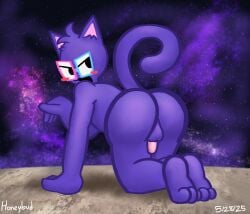 absurd_res anthro ass blush eyewear felid feline genitals glasses hi_res honeybud kaykay_(kkclue) male mammal open_mouth penis planet presenting presenting_balls presenting_hindquarters presenting_penis purple_body solo space tail youtube youtuber