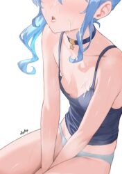 absurdres after_ejaculation artist_name asymmetrical_sidelocks between_legs blue_camisole blue_choker blue_hair blue_tank_top blush breasts camisole choker collarbone commentary cum cum_in_mouth cum_on_body cum_on_chest cum_on_hair diptip english_commentary facial female grey_panties hand_between_legs head_out_of_frame highres hololive hoshimachi_suisei medium_hair no_bra no_pants panties side_ponytail signature simple_background sitting small_breasts solo sweatdrop tank_top thighs tongue tongue_out underwear underwear_only virtual_youtuber white_background