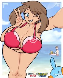 1girls big_breasts bikini blue_eyes breasts brown_hair camera enormous_breasts female huge_boobs huge_breasts large_breasts may_(pokemon) pokemon short_hair silenttandem solo thick_thighs