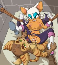 anthro bat bed black_nose blue_eyes blue_eyeshadow bodily_fluids boots bound breasts brown_nose clothing cum cum_in_vagina cum_inside daigaijin duo eyeshadow female footwear furniture genital_fluids gloves green_eyes handwear hi_res lombax makeup male male/female mammal markings membrane_(anatomy) membranous_wings navel nipples penetration penile penile_penetration penis_in_vagina ratchet_(ratchet_and_clank) ratchet_and_clank ring_(marking) ringed_tail rouge_the_bat sega shoes sonic_the_hedgehog_(series) sony_corporation sony_interactive_entertainment striped_markings striped_tail stripes tail tail_markings tail_tuft tears torn_clothing tuft vaginal_penetration wings