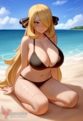 1girls 2d ai_generated ass barefeet beach big_ass big_breasts bikini blonde_hair breasts cynthia_(pokemon) erophoenix feet female female_focus full_body long_hair looking_at_viewer looking_back milf nintendo nude older_woman pale_skinned_female patreon_username pokemon pokemon_dppt smile soles solo solo_female sweat swimsuit thick thick_thighs toes uncensored voluptuous
