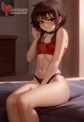 1girls 2d ai_generated ass back bare_shoulders barefoot big_ass bra brown_hair collar erophoenix female female_focus full_body kono_subarashii_sekai_ni_shukufuku_wo long_hair looking_at_viewer megumin pale_skin pale_skinned_female panties patreon_username red_eyes short_hair sitting small_breasts smile soles solo thick thick_thighs uncensored underwear