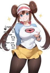 big_breasts breast_grab busty female huge_breasts large_breasts light-skinned_female pokemon pokemon_bw2 rosa_(pokemon) shirt smile thick_thighs wide_hips