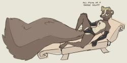 alone_on_a_friday_night_(meme) anthro arm_tuft armwear balls_outline big_tail bulge choker clothing detailed_bulge elbow_gloves elbow_tuft femboy fur genital_outline gloves green_eyes handwear jewelry latex latex_armwear latex_clothing latex_elbow_gloves latex_gloves latex_handwear latex_thong latex_underwear looking_at_viewer lying male mammal mephitid multicolored_body multicolored_fur necklace on_back relaxing sex_toy sheath_outline simple_background skunk solo tail tail_between_legs tan_background thong tuft underwear vanilla_(vanillayote) vanillayote