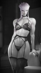 3d athletic athletic_female busty capcom female female_focus female_only fugtrup hourglass_figure lingerie makeup manon_legrand monochrome navel street_fighter street_fighter_6 tagme wide_hips