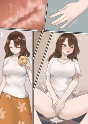 1girls absurdres blue_eyes blush breasts brown_hair censored comic commentary commission cross_section cum cum_pool female_masturbation flower genderswap_(mtf) happy heart highres masturbation medium_breasts medium_hair mosaic_censoring musical_note open_mouth orange_skirt original rule_63 see-through_clothes shirt silent_comic skeb_commission skirt smile spoken_musical_note transformation welt_(kinsei_koutenkyoku) white_shirt