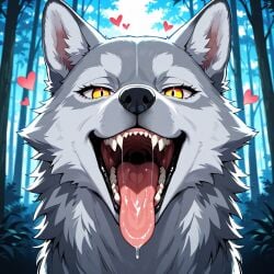 1girls ai_generated black_lips canine drool fangs female feral_only heart_symbol hearts_around_head open_maw open_mouth saliva shewolf teeth tongue_out wolf wolf_girl yellow_eyes