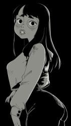 1girls asian asian_female ass bangs black_background black_eyes black_hair blunt_bangs breasts brown_eyes buckteeth clothing eyewear female female_only freckles freckles_on_face glasses lips long_hair long_sleeves looking_at_viewer nuclearwasabi original original_character overbite rimless_eyewear shirt solo solo_female straight_hair tang_tang tight_clothing tight_pants white_shirt
