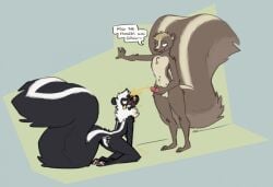 anthro big_tail black_body black_fur blue_background blush bodily_fluids brown_body brown_fur dominant dominant_anthro dominant_male duo ear_piercing ear_tag fur genital_fluids genitals green_background holding_penis kneeling male male/male mammal mephitid nude_anthro nude_male peeing peeing_on_another penis piercing simple_background skunk speech_bubble submissive submissive_anthro submissive_male tail urine urine_on_face urine_stream vanilla_(vanillayote) vanillayote watersports white_body white_fur