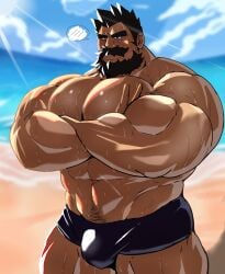 balls bara beard blush bulge crossed_arms facial_hair flaccid kaeru333938123 male male_focus male_only muscles muscular musk pecs penis solo solo_male sweating sweta
