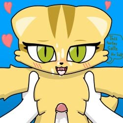 1:1 ambiguous_gender anthro black_nose blush bodily_fluids cum cum_in_mouth cum_inside cum_on_face digital_media_(artwork) domestic_cat duo felid feline felis female_(lore) feral first_person_view fur genital_fluids genitals green_eyes heart_symbol hi_res ho_salt_(character) ho_salt_(copyright) holding_another human looking_at_viewer male mammal maya_(ho_salt) open_mouth penis pncholmeca100 pupils saliva saliva_on_penis simple_background slit_pupils tail text tongue white_body yellow_body yellow_fur zoophilia