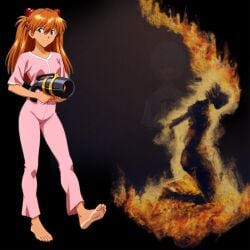 2girls ai_generated asuka_langley_sohryu barefoot blue_eyes burning burning_alive burnt death edit excited feet female femdom flamethrower gore happy kneeling long_hair looking_at_viewer neon_genesis_evangelion orange_hair pink_pajamas rei_ayanami sadistic sadistic_girl sadistic_smile smile smiling_at_viewer soles toes