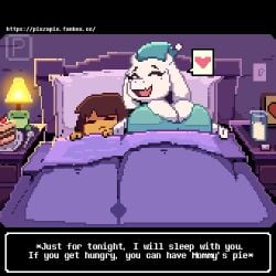1girls anthro big_breasts blanket breasts cleavage closed_eyes clothed clothing coach female frisk frisk_(undertale) fur furry goat goat_horns heart pixzapix sleeping toby_fox toriel undertale undertale_(series)