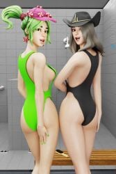 2girls ass breasts female fortnite giocamolly oiled_skin swimsuit victoria_saint wet_skin zoey_(fortnite)