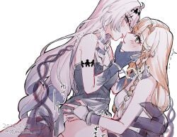 2girls after_kiss blue_hands blush bridal_gauntlets colored_extremities commentary_request dated denia_(wuthering_waves) dress eye_contact girl_on_top green_eyes highres jouhou long_hair looking_at_another multiple_girls orange_hair parted_lips pink_hair purple_dress purple_eyes saliva saliva_trail sigrika_(wuthering_waves) sports_bra straddling trembling twitter_username white_bridal_gauntlets white_sports_bra wuthering_waves yuri