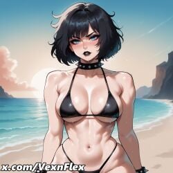 ai_generated bangs beach bikini black_bikini black_hair black_lips blue_eyes blush bracelet breasts collar collarbone female goth goth_girl hi_res high_resolution highleg jewelry large_breasts lily_(vexnflex) lipstick looking_at_viewer makeup navel ocean outdoors short_hair sky solo spiked_collar spikes swimsuit vexnflex watermark wet