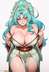 ai_generated aqua_hair artist_name bare_shoulders blush breasts cleavage collarbone female hair_ornament high_resolution highres japanese_clothes kimono large_breasts long_hair looking_at_viewer no_panties obi parted_bangs ponytail red_eyes sash seductive_smile shiny_skin simple_background smile solo stable_diffusion thighs tomoe_(tsuki_ga_michibiku_isekai_douchuu) tsuki_ga_michibiku_isekai_douchuu undressing waifuscans418 white_background wide_sleeves