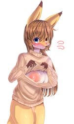 anthro areola big_areola big_breasts blue_eyes blush breasts brown_hair canine female fox hair heterochromia hi_res huge_breasts kemono lactation long_hair looking_at_viewer mammal miyanokoko nipples puffy_nipples pussy pussy_juice red_eyes simple_background solo 宮野狐々