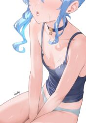 absurdres after_ejaculation artist_name asymmetrical_sidelocks between_legs blue_camisole blue_choker blue_hair blue_tank_top blush breasts camisole choker collarbone commentary cum cum_in_mouth cum_on_body cum_on_chest cum_on_hair diptip english_commentary facial female grey_panties hand_between_legs head_out_of_frame highres hololive hoshimachi_suisei medium_hair no_bra no_pants panties side_ponytail signature simple_background sitting small_breasts solo sweatdrop tank_top thighs tongue tongue_out underwear underwear_only virtual_youtuber white_background