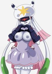 absurdres alexkonakona breasts digimon digimon_(creature) gloves heart highres jellyfish_girl lipstick makeup mask monster_girl simple_background smile tentacle tentacle_hair thetismon white_background