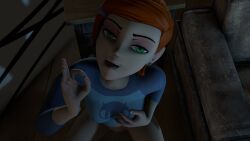 3d 3d_model ben_10 bottomless crouching gesture gwen_tennyson hand_on_breast looking_at_viewer open_mouth_smile sex_gesture sfm smile smiling smiling_at_viewer source_filmmaker terrarizemyself tongue tongue_out topwear