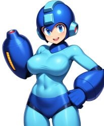 1girls ai_generated blue_headwear breasts capcom genderswap_(mtf) helmet large_breasts mega_man mega_man(classic) robot robot_girl rule_63 smile