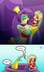 1boy 1girls 2d 2d_(artwork) anthro anthro_female anthro_on_human big_hips blonde_hair blue_pupils breast_squeeze breasts dialogue digital_drawing_(artwork) digital_media_(artwork) female fusion fusion_character genie genie_girl green_body green_skin hands_on_head hips human human_male jamearts kiss_mark kissing light-skinned_male light_skin looking_at_partner medium_breasts mwah ponytail pot purple_hair red_lips red_lipstick red_lipstick_mark saliva saliva_trail shantae shantae:_half-genie_hero shantae_(character) smooch snake snake_girl snake_tail trying_to_escape tuki_(shantae) wayforward wink winking yellow_eyes