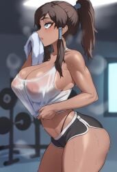 ai_generated avatar_the_last_airbender big_breasts blue_eyes busty female gym korra large_breasts see-through see-through_clothing tank_top the_legend_of_korra tied_hair