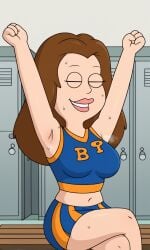 ai_generated american_dad armpits ass bigmic145 breasts brown_hair cheerleader crop_top female lisa_silver long_hair navel skirt solo solo_female sweat sweatdrop sweating tease teasing
