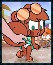1boy 1girls 2d :0 back back_view beach blue_skirt brown_body brown_fur chrysanthemum_(ajmarekart) clothed clothed_female glasses leg_up lifting lifting_skirt looking_back mitzi_(ajmarekart) murphy_and_mitzi panties skirt skirt_lift skirt_up squirrel surprised surprised_expression tagme tail unknown_artist viewed_from_behind white_panties