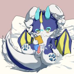 bed blue_body blue_wings caluo dragon duo furniture genitals kemono male male/male mythological_creature mythological_scalie mythology penis scalie wings yellow_wings