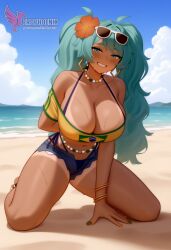 1girls 2d ai_generated aqua_hair ass barefoot big_ass big_breasts bikini bracelet brazilian_miku breasts dark-skinned_female earrings erophoenix eyewear_on_head feet full_body grin hair_flower hair_ornament hatsune_miku huge_breasts jewelry kneeling long_hair looking_at_viewer looking_back nail_polish patreon_username shorts smile soles solo solo_female sunglasses swimsuit tan tellow_shirt thick thick_thighs toes uncensored vocaloid