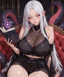 ai_generated bangs bare_shoulders black_clothes blush book breasts buccha chair clavicle cleavage closed_mouth clothing couch covered_nipples detached_sleeves dress earrings elf eyebrows female female female_only fingernails gem holding holding_book huge_breasts indoors jewelry large_breasts legwear lips long_hair long_sleeves looking_at_viewer navel necklace on_couch open_book original parted_bangs pointy_ears purple_eyes see-through shirt sitting skirt smile solo tentacle thick_thighs thighhighs thighs underwear very_long_hair white_hair window