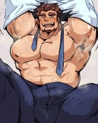 armpit armpit_hair armpits balls bara blush bulge facial_hair flaccid kaeru333938123 male male_only muscles muscular musk necktie one_eye_closed pecs penis removing_clothing removing_shirt solo solo_male sweat sweating undressing