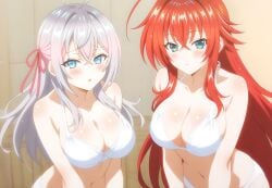 2girls ahoge ai_generated alisa_mikhailovna_kujou big_ass_(female) big_breasts bikini blue_eyes blush crimson_hair_female crossed_bangs crossover crossover_ship crossover_shipping curvy_females demon_girl females_only hair_ribbon high_school_dxd hourglass_figured_female huge_ahoge interspecies lesbians light-skinned_female long_hair_female loose_hair lovehuwu milky_white_skin rias_gremory russian_girl sauna silver_hair_female sky_blue_eyes steam tokidoki_bosotto_russian_de_dereru_tonari_no_alya-san very_long_hair_female voluptuous_female white_bikini wide_hipped_female yuri