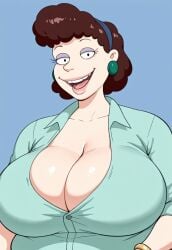 2d ai_assisted ai_generated all_grown_up betty_deville big_breasts brown_hair button_up_shirt chubby cleavage enormous_breasts female gold_bracelet green_earrings headband huge_breasts looking_at_viewer mature_female milf nickelodeon open_mouth plump rugrats simple_background smile solo upper_body