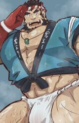 balls bara body_hair bulge facial_hair flaccid fundoshi kaeru333938123 male male_only muscles muscular musk pecs penis solo solo_male sweat sweating tajikarao_(tokyo_afterschool_summoners) tokyo_afterschool_summoners