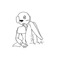 1boy cum cum_drip cum_in_ass facial_markings feminine_male hand_covering_mouth hand_on_mouth hand_to_own_mouth iterator_(rain_world) legs_together legs_up male male_focus male_only no_significant_harassment_(rain_world) one_eye_closed rain_world robot robot_boy robot_humanoid scarf smile smiling smirk sweat sweatdrop sweating text twink