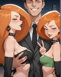 1boy 1boy2girls 2girls 2girls1boy ai_generated ann_possible bare_shoulders black_lipstick blue_eyes blush blush breast_grab breasts brown_hair cheating cheating_(relationship) cheating_girlfriend cheating_wife cityscape collar detached_sleeves disney earrings faceless_male goth green_eyes grin half-closed_eyes hand_on_back kim_possible kimberly_ann_possible long_hair looking_at_viewer makeup midriff milf mother_and_daughter necktie netorare night notreallyhere ntr orange_hair outdoors oyakodon peace_sign short_hair smile spiked_collar suit tie tubetop v_sign