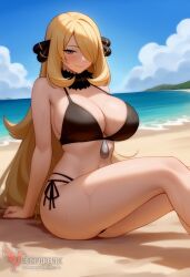 1girls 2d ai_generated ass barefeet beach big_ass big_breasts bikini blonde_hair breasts cynthia_(pokemon) erophoenix feet female female_focus full_body long_hair looking_at_viewer looking_back milf nintendo nude older_woman pale_skinned_female patreon_username pokemon pokemon_dppt smile soles solo solo_female sweat swimsuit thick thick_thighs toes uncensored voluptuous