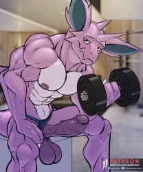 3_fingers abs anthro balls big_balls bodily_fluids clothing clothing_aside dumbbell fingers foreskin generation_1_pokemon genital_fluids genitals gym hi_res horn humanoid_genitalia humanoid_penis iudicium86 leaking_precum male muscular nidoking nintendo nipples penis pokemon pokemon_(species) precum retracted_foreskin solo underwear underwear_aside weights