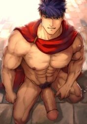 1boy abs artist_name bara blue_hair cape erection fire_emblem fire_emblem:_radiant_dawn girthy_penis headband highres hydaria ike_(fire_emblem) kneeling large_pectorals male_focus male_pubic_hair muscular muscular_male naked_cape navel nipples pectorals penis pubic_hair red_cape short_hair solo testicles thighs