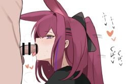 1boy animal_ears arknights bar_censor black_shirt censored commentary fellatio heart highres long_hair male multico nude oral penis purple_eyes purple_hair rabbit_ears rabbit_girl ray_(arknights) shirt simple_background straight translation_request white_background