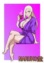 1girls bare_chest bare_legs barefoot bathrobe big_breasts breasts bursting_breasts busty cleavage cleavage_overflow clothing coffee coffee_mug crossed_legs drink earrings feet female full_body hair_down holding_object hourglass_figure huge_breasts ino_yamanaka lipstick long_hair looking_at_viewer makeup mug naruho naruto naruto:_the_last naruto_(series) naruto_shippuden no_bra pinup revealing_clothes sexually_suggestive sitting smile solo steam suggestive sweat toes top-down_bottom-up very_long_hair voluptuous watermark