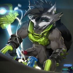abs anthro armor balls big_penis bodily_fluids bottomless clothed clothing cum cumshot ejaculation erection genital_fluids genitals guardians_of_the_galaxy hi_res humanoid_genitalia humanoid_penis male male_only mammal marvel masturbation muscular muscular_male penetrable_sex_toy penile penile_masturbation penis procyonid raccoon rocket_raccoon sex_toy solo solo_male todex