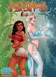 2girls bare_shoulders belly black_hair blonde_hair blue_eyes breasts brown_eyes chesare cleavage competition covered_breasts covered_nipples crossover crown dark-skinned_female dark_skin disney disney_princess elsa_(frozen) erect_nipples female frozen_(film) garter_straps high_resolution hips large_breasts legs long_hair medium_breasts midriff moana moana_waialiki multiple_girls navel necklace northern_european pacific_islander petite polynesian raceplay skirt stockings straight_hair straps tagme teen teenage_girl teenager thighhighs thighs underboob young