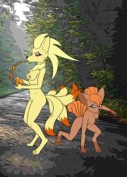 brown_body brown_fur duo female fighting_pose fire fireball forest fur generation_1_pokemon hair hi_res lonelywolfy ninetales nintendo nude orange_hair plant pokemon pokemon_(species) pose road tree vulpix yellow_body yellow_fur